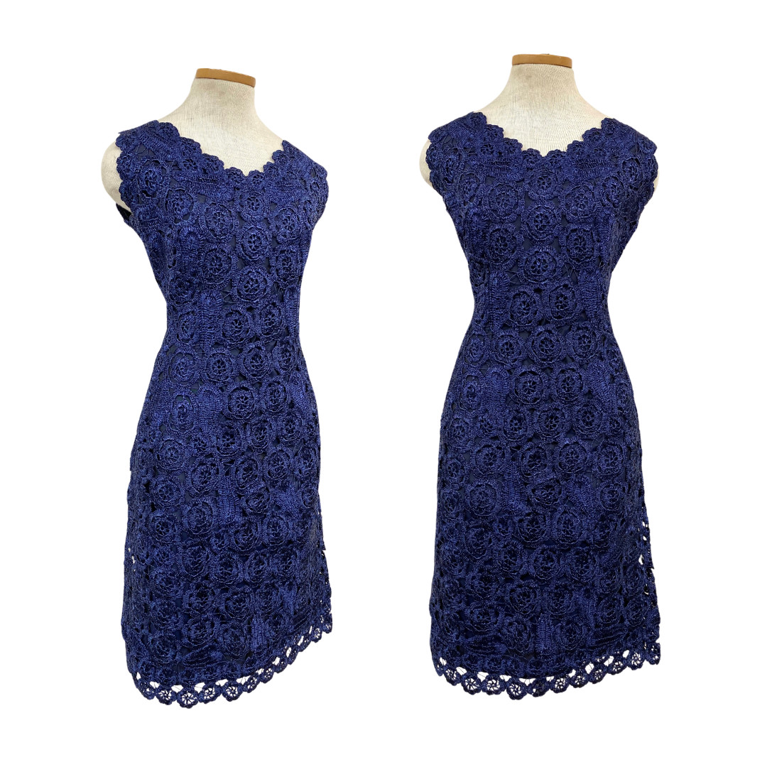 Vtg 40s 50s 1940s Mid Century Bombshell Pin Up Raffia Crochet Navy Wiggle Dress