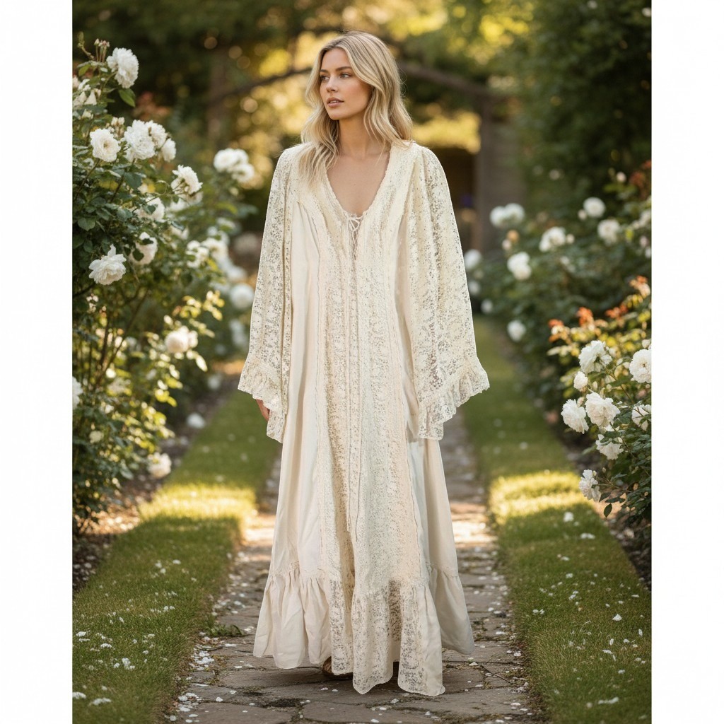 Gunne Sax by Jessica Dress Womens 11 Cream Maxi 70s Prairie Cottagecore Boho Vtg