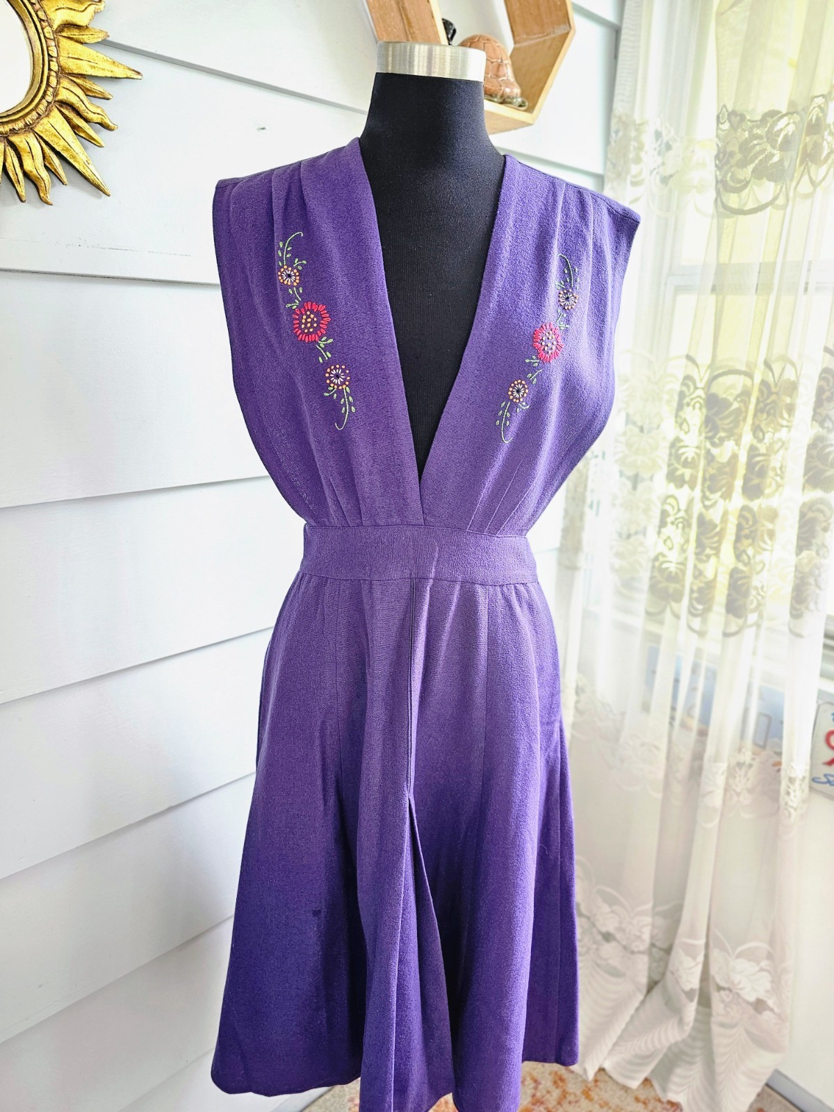 Vintage 1960s Purple Embroidered A-Line Day Dress XS Floral Midi