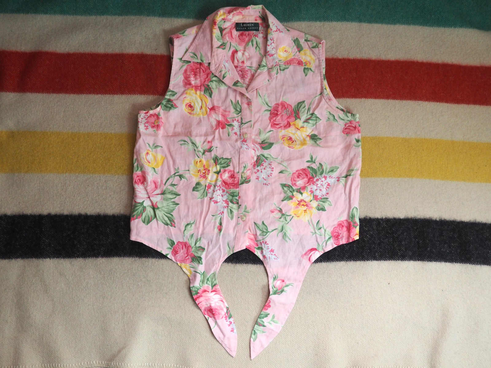 VTG Y2k 2000s Lauren Ralph LRL Linen Floral Summer Boho Tie Button Shirt Women L