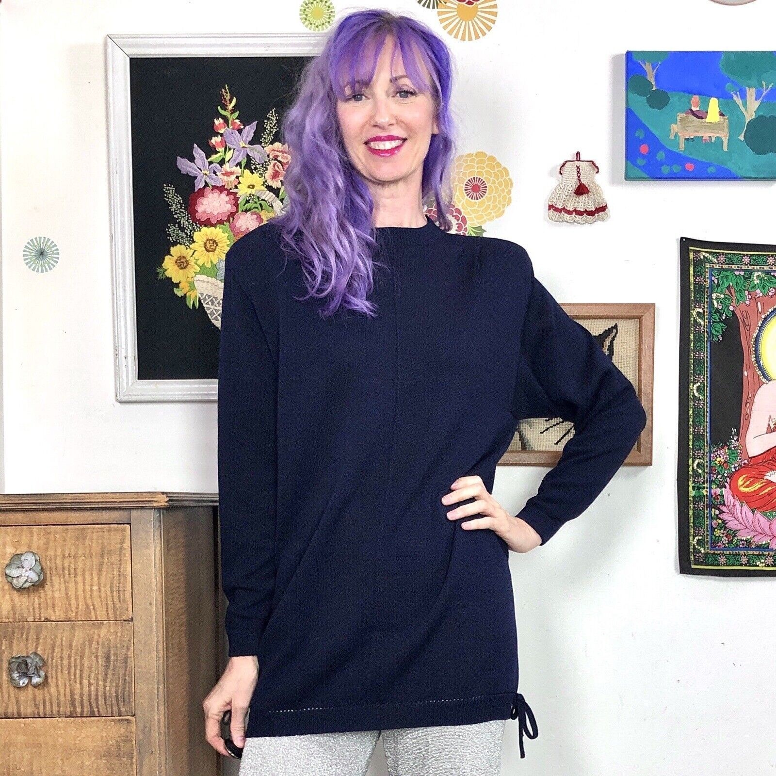Vintage St. John Santana Knit Tunic Top, 1980s Navy Blue Sweater, Sz S