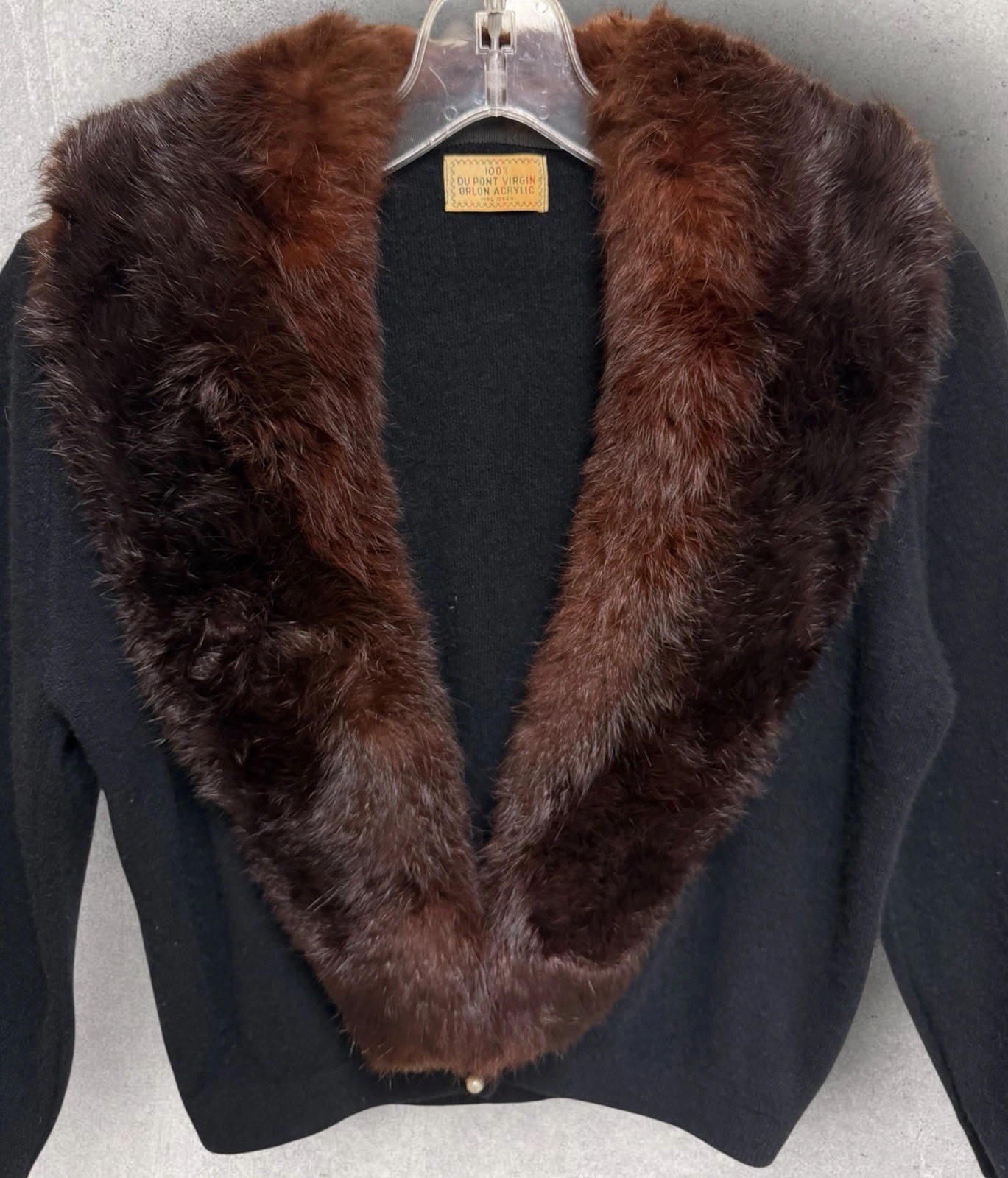 Vtg 50’s Du Pont Orlon Black Cardigan REAL MINK FUR Collar & Pearl Buttons S/M