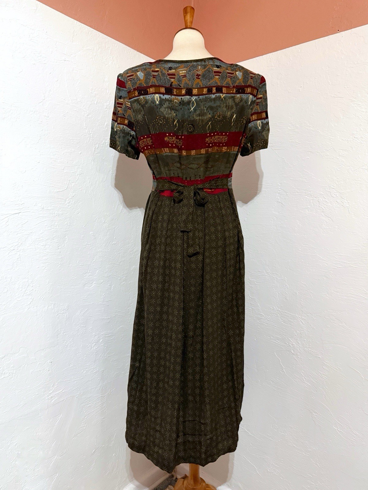 VTG 90s Just In Thyme Petite Art Womens Midi Dress Short Sleeves Back Tie Sz 12P