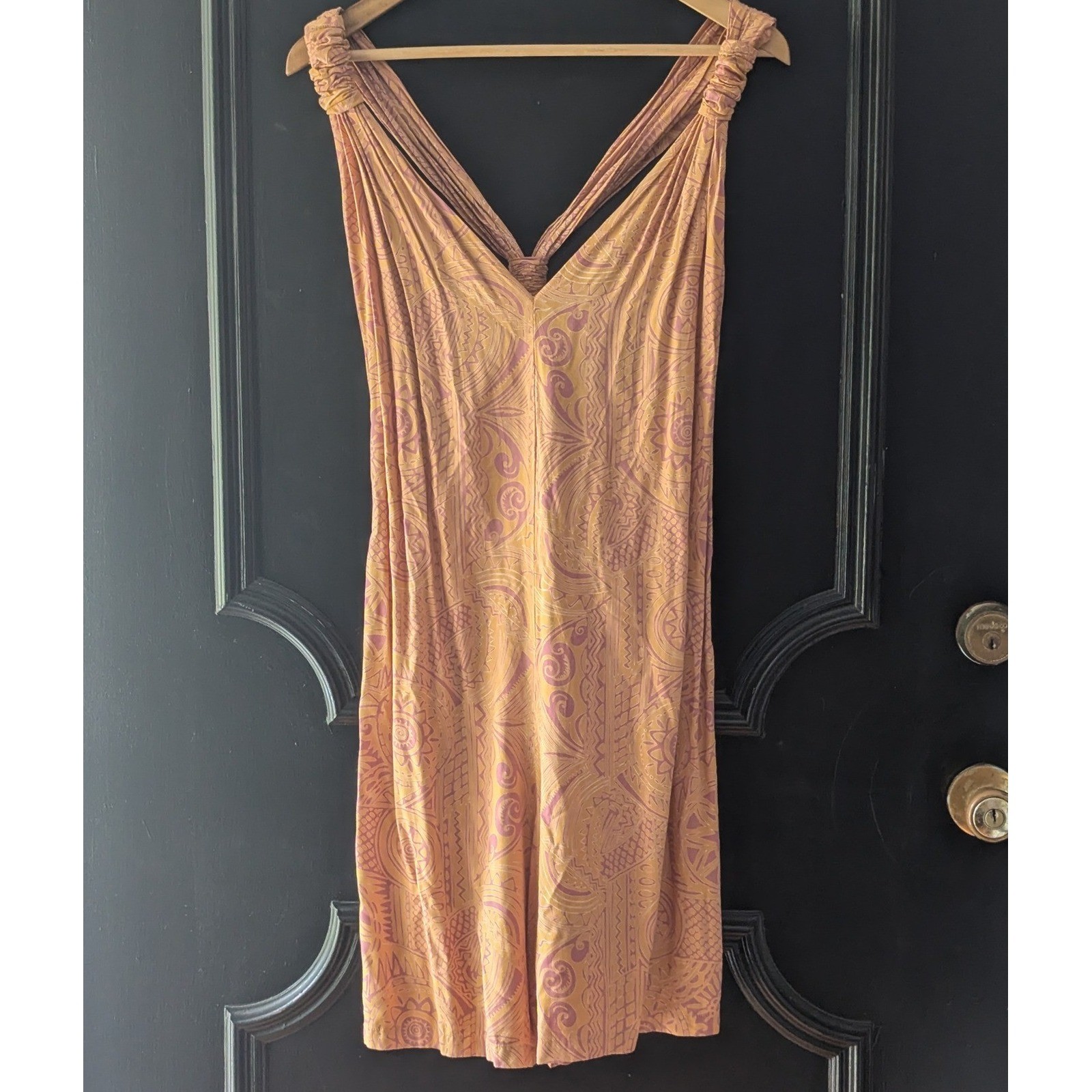 Vtg Passports Pier 1 Imports Pastel Orange Purple V-Neck Knotted Romper Boho L