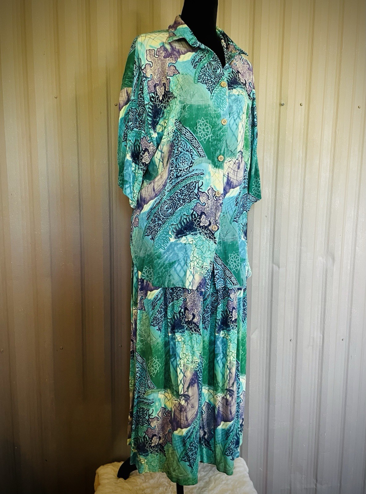 VTG 90’s Natalie 2 Piece Skirt Blouse Set Rayon Midi Mandalas Pleated Pockets L