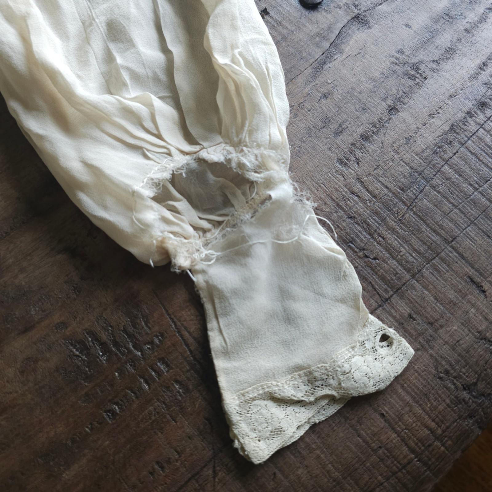 Antique Edwardian Pigeon Breast Blouse Lace Trim Bishop Sleeve Cream Top AS IS