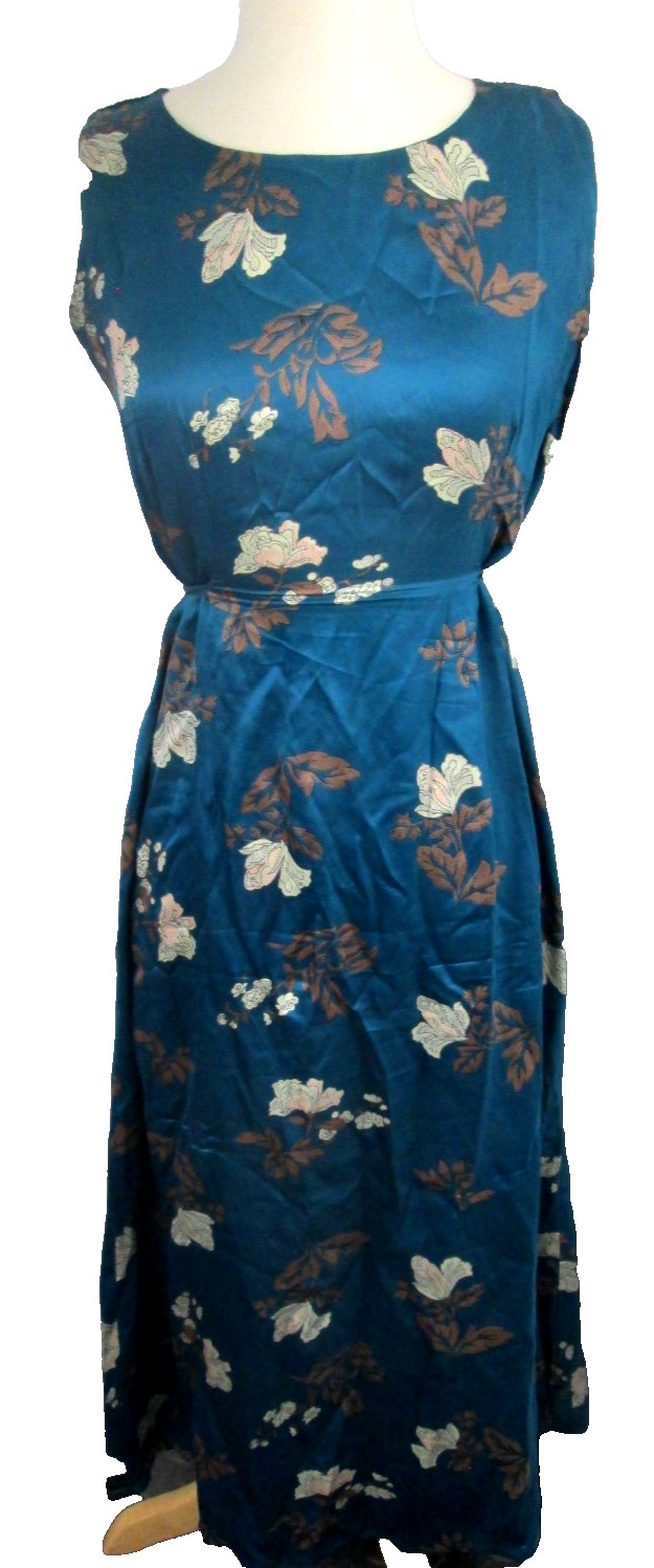 Vintage Chinese Silk Cheongsam Dress Di Qiu Huang Blue Floral Womens XL