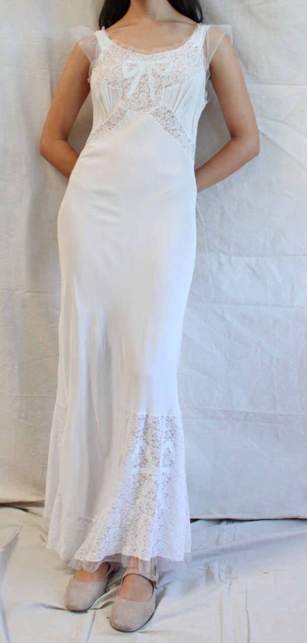 1940s Lace & Bows Tulle Slip Dress Gown Vintage Lounge Evening White Blue Bridal