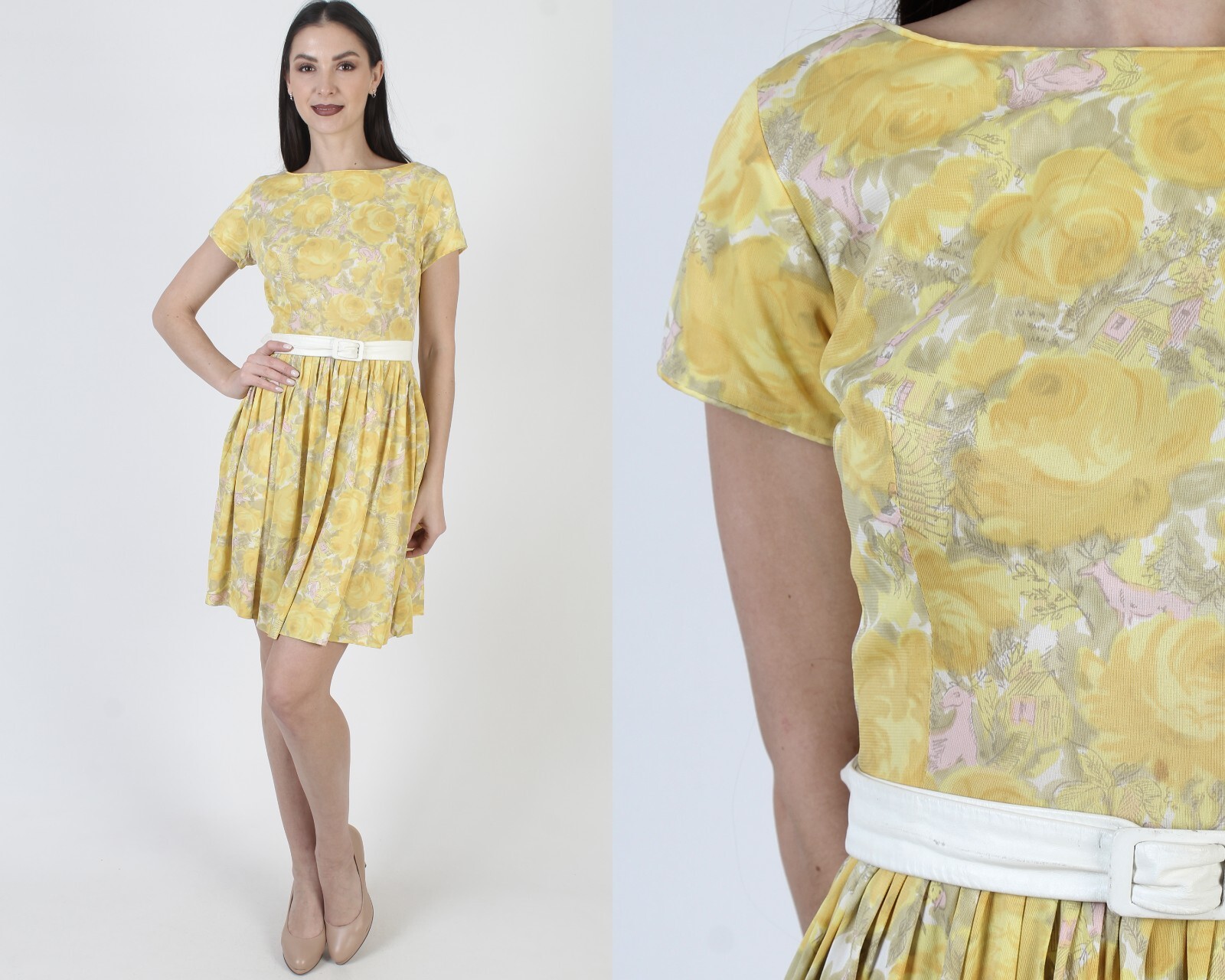 Vtg Art Nouveau Toile Dress Victorian Country Deer Farm Hunter Full Skirt Mini