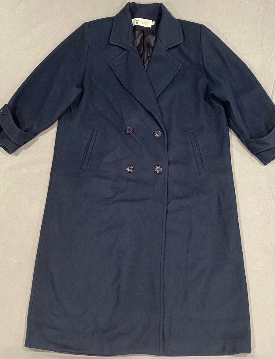 VTG Stephanie Andrews Women’s Trench Coat M/L Blue Wool Double-Breasted Lined