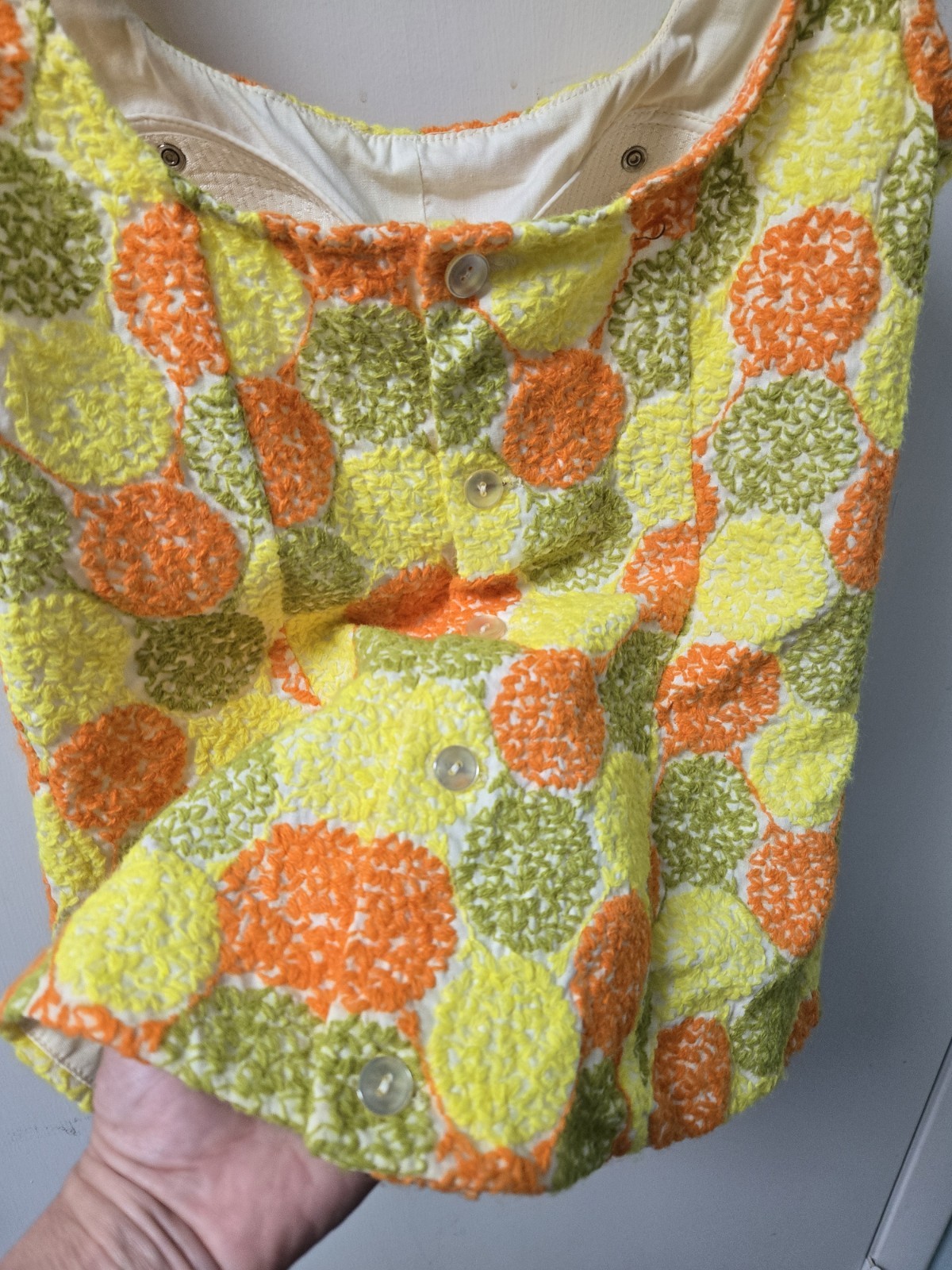 Vintage Bathing Suit Mod Green Orange Yellow Dots 2 Piece 34 Sz 12 M 1960s 70s