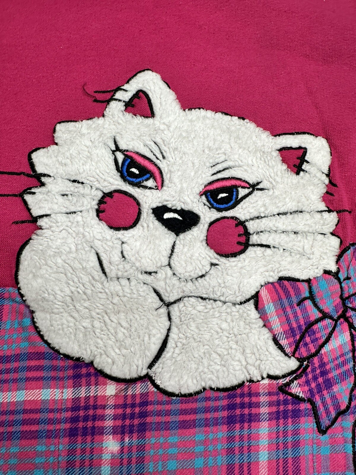VTG 80s/90s Beth Micheals Pink & Plaid Long Sleeve Fuzzy Cat Nightgown Size M/L