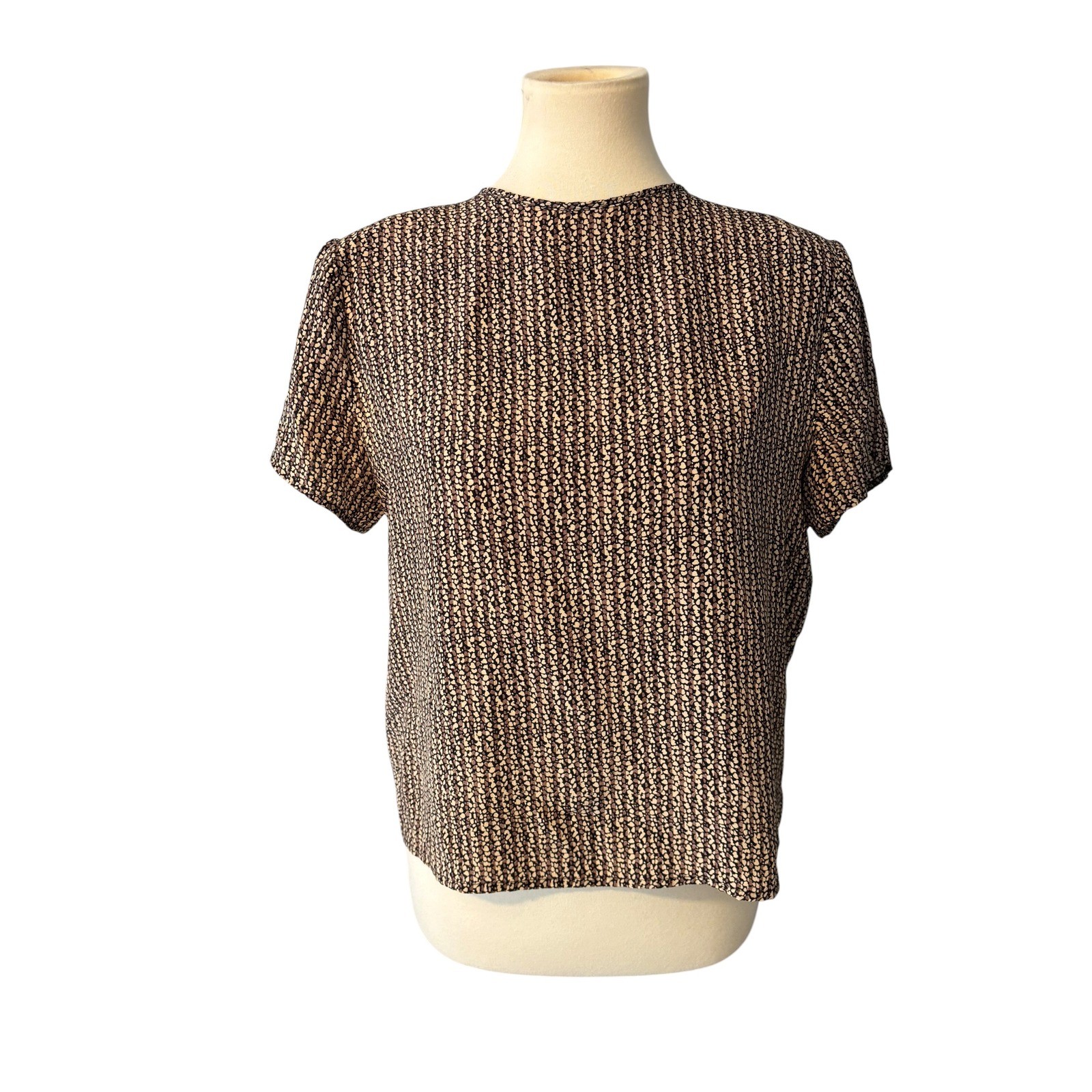 Hana Sung Vintage 100% Silk Blouse Brown Abstract Print Short Sleeve Top Large