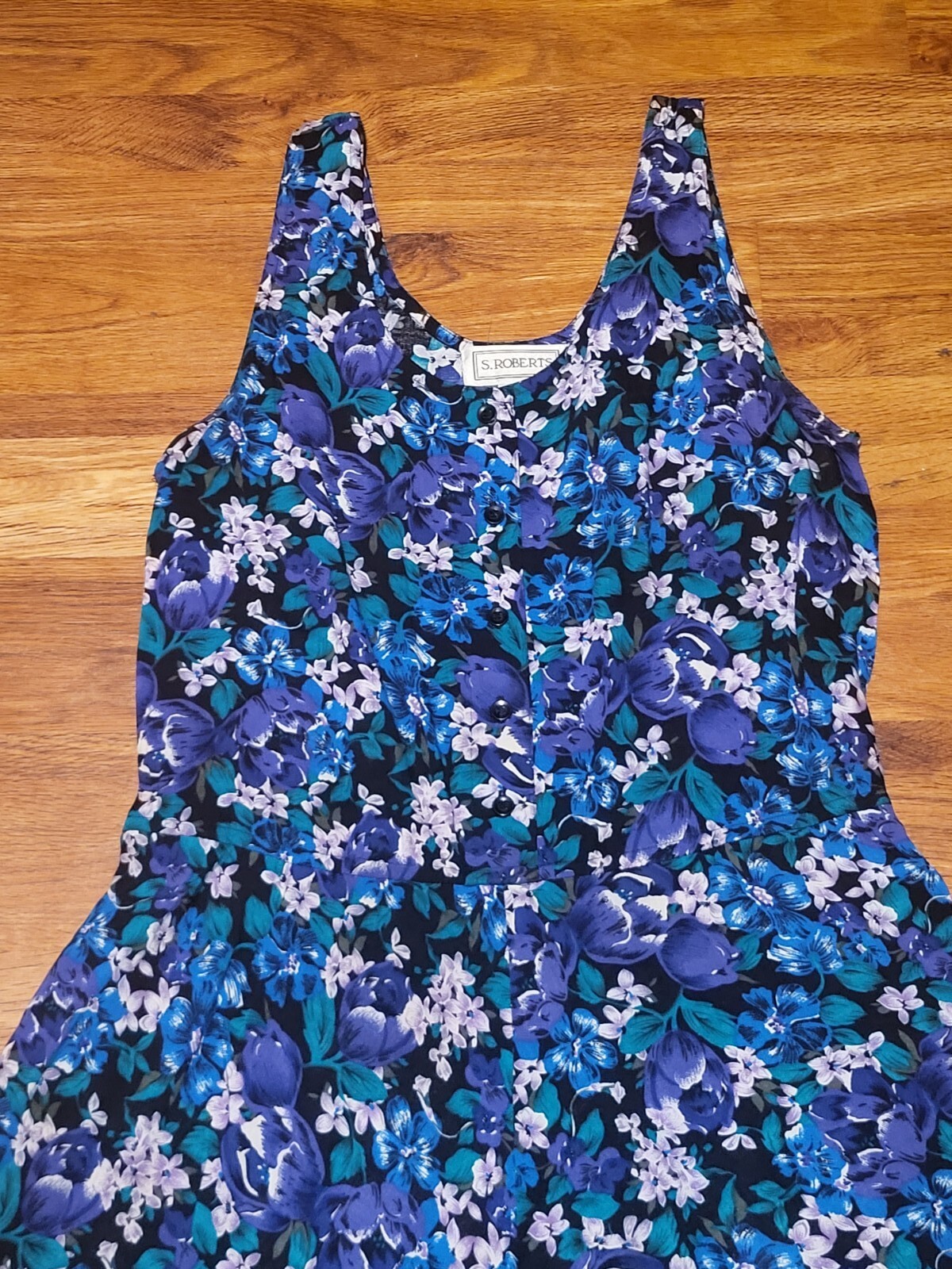 Vintage S Roberts Size 11 Dress Purple Green Blue Floral Button Front Sleeveless