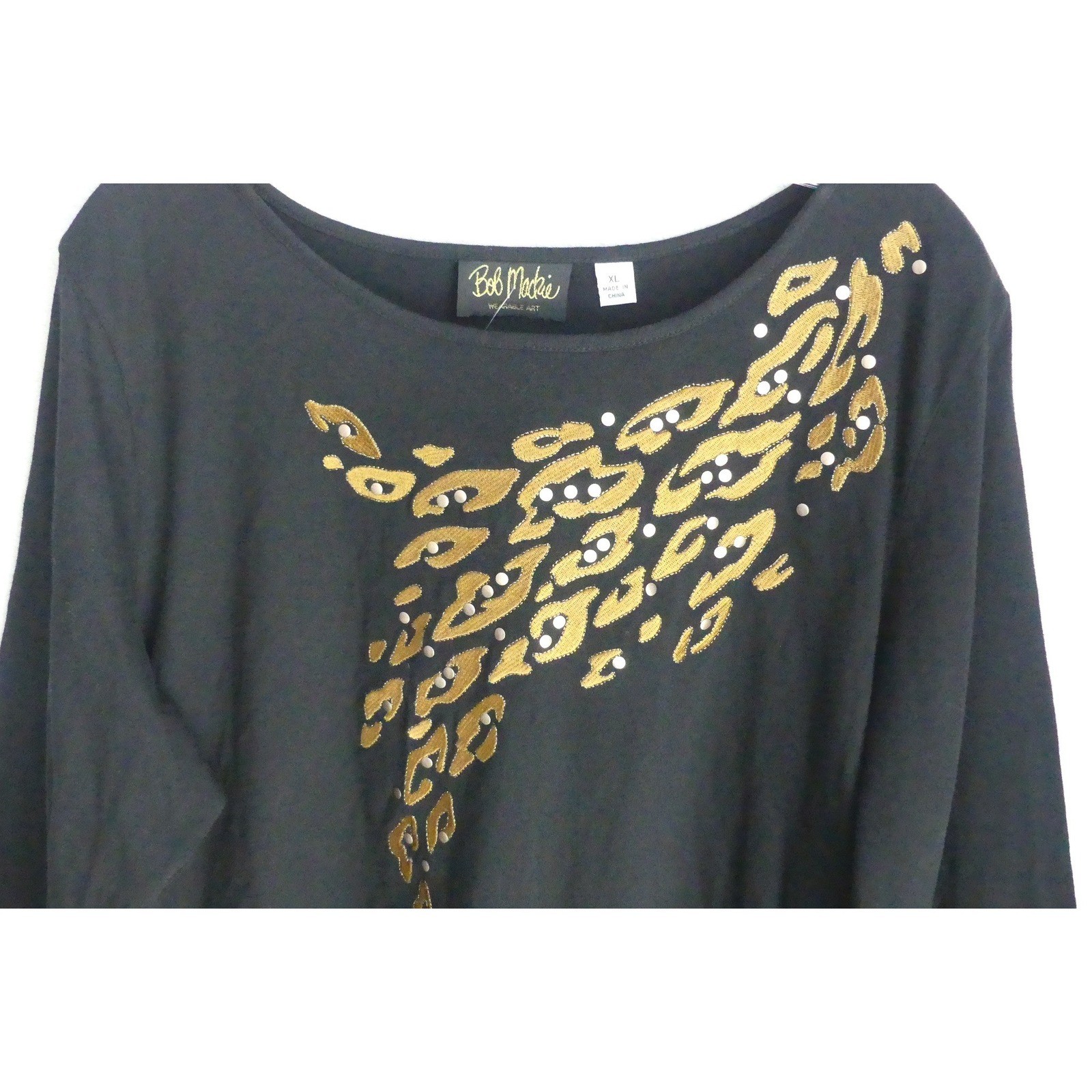 Bob Mackie Wearable Art Black Gold Leopard Embroidered Studded Top XL Cotton NWT