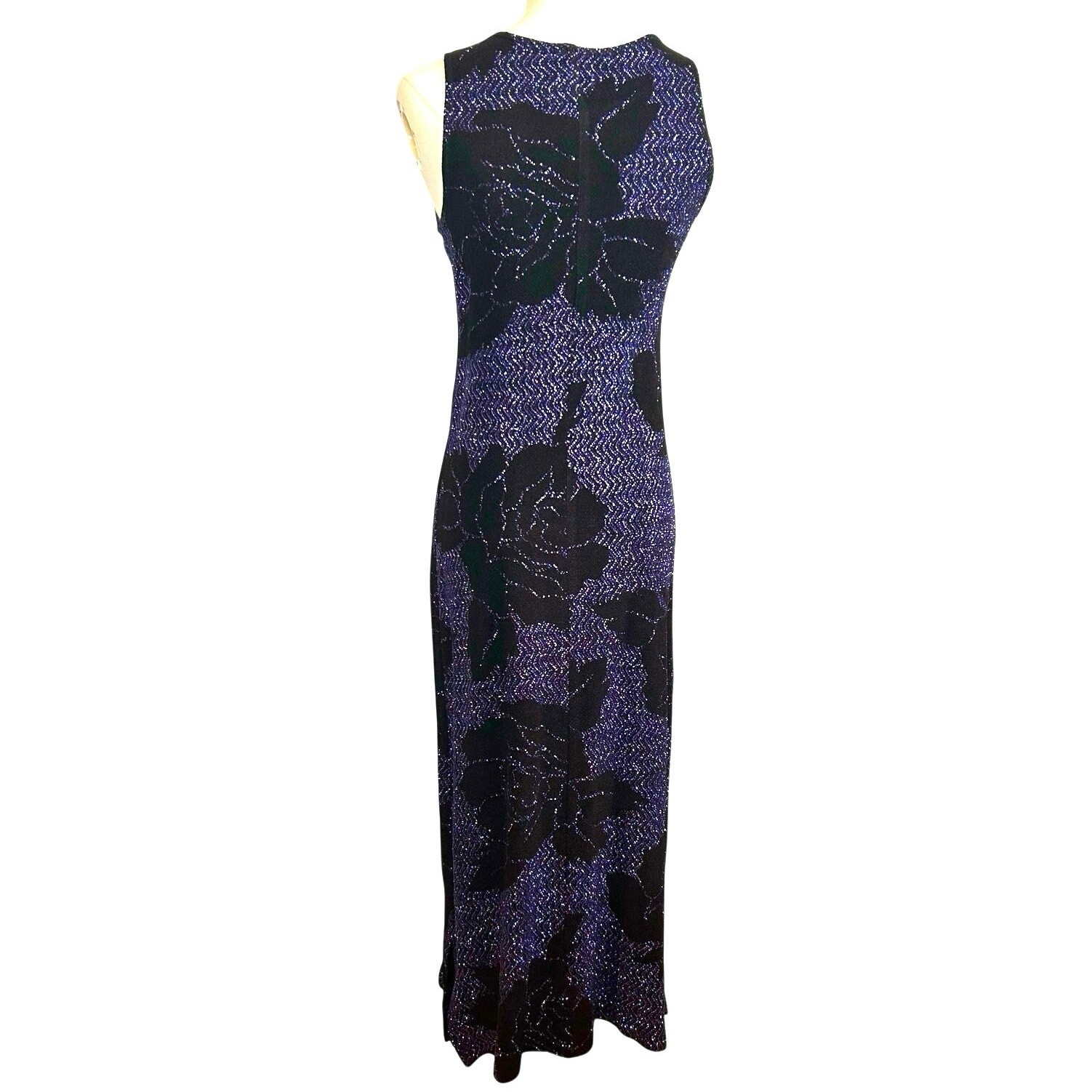 VTG 90s Black Purple Floral Metallic Maxi Dress M Goth Grunge Whimsigoth Y2K
