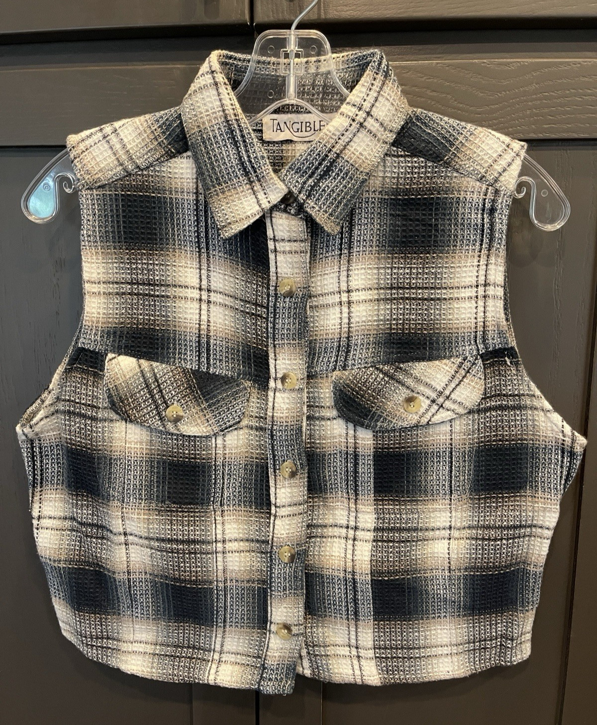 Vintage Tangibles 90s Plaid Vest Plaid Medium Skater Grunge Pockets Blue White