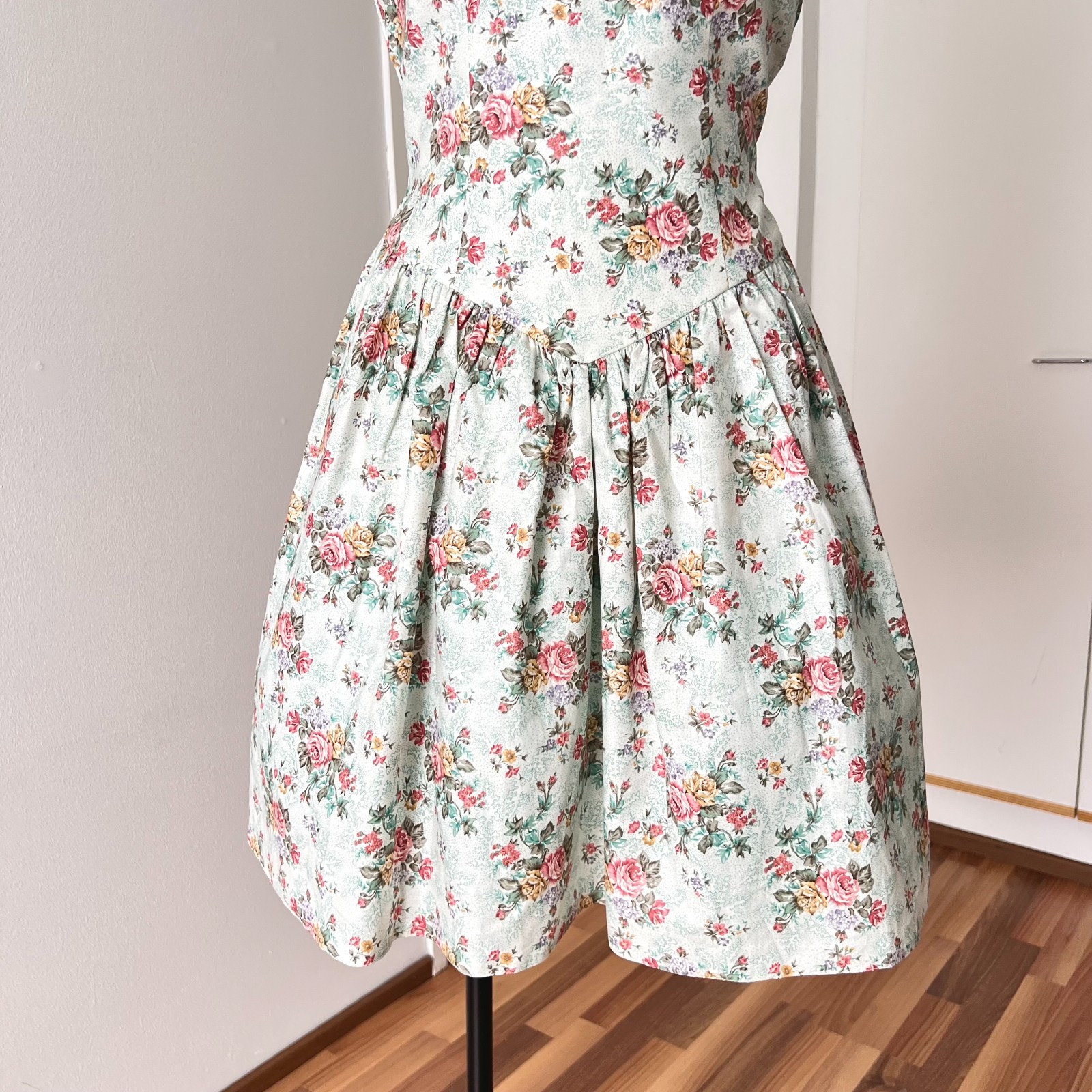 Vintage Floral Two Piece Dress & Bolero Set Puff Sleeves Tea Length Cottagecore