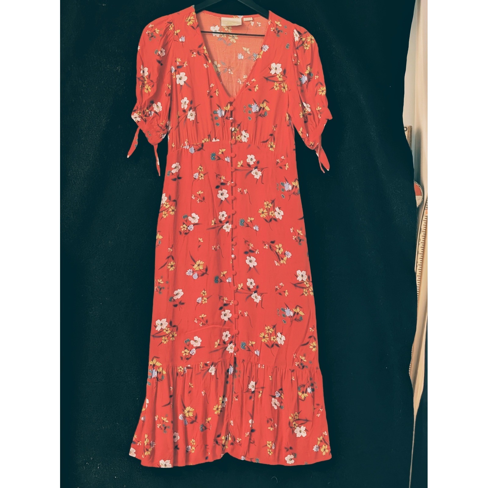 Maeve Anthropologie Orange Floral Midi Dress Button tie Sleeve XS Cottage core