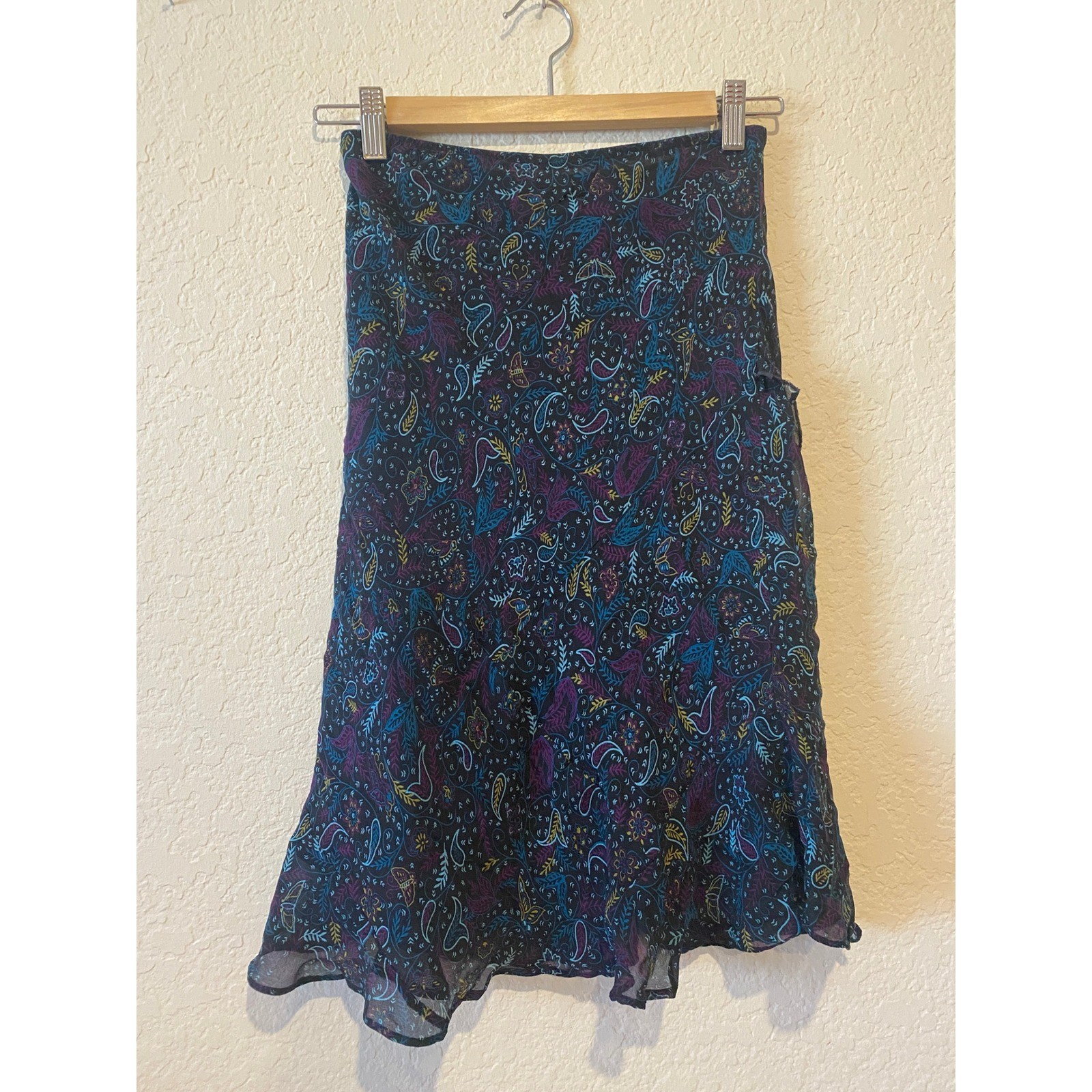 VTG Silk Land Skirt M Dark Paisley Silk Ruffle Hem Asymmetric Y2K Fairy Grunge