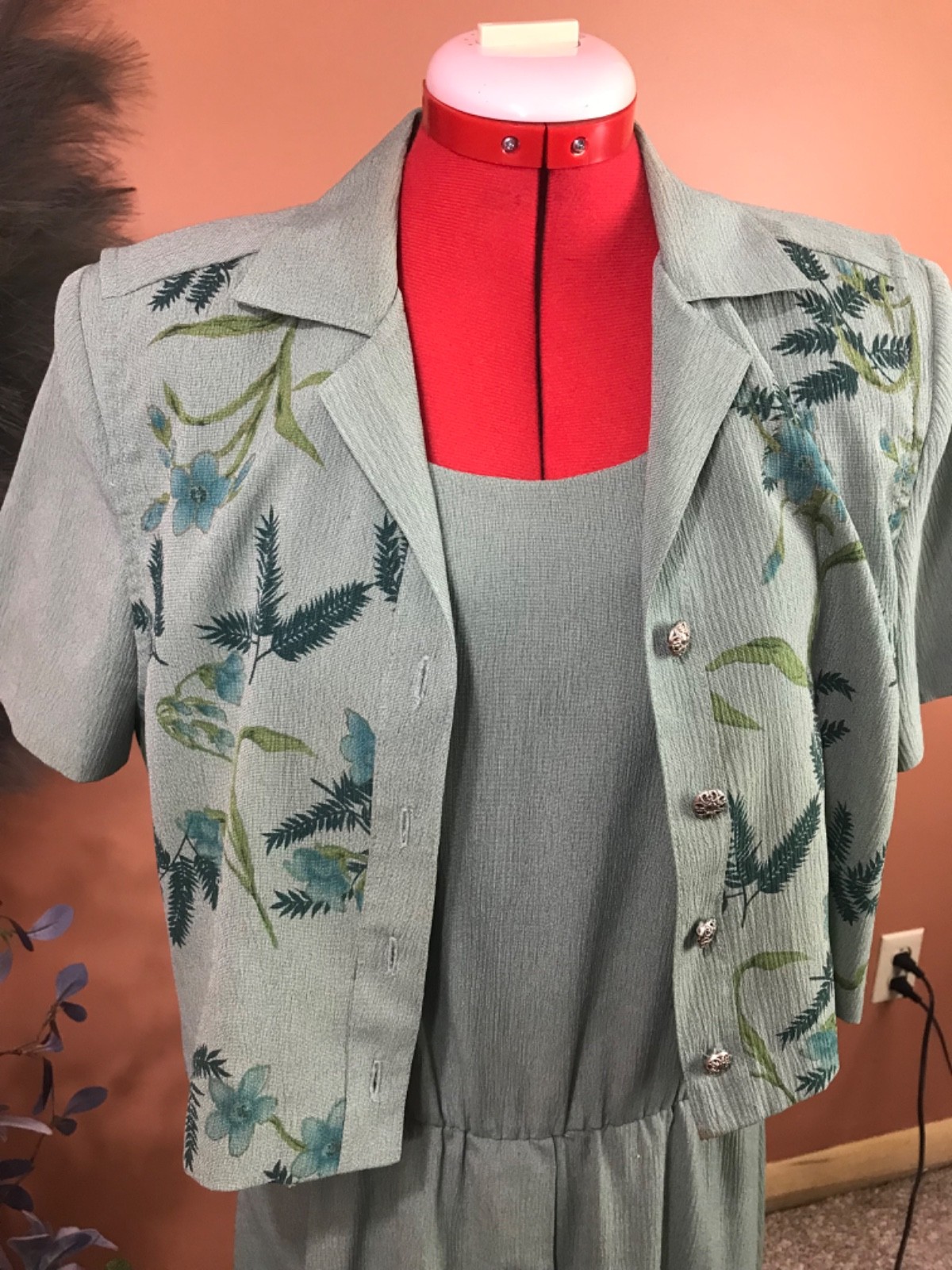 miss dorby green dress floral vest sz 12 cottagecore vntg 90’s homestead