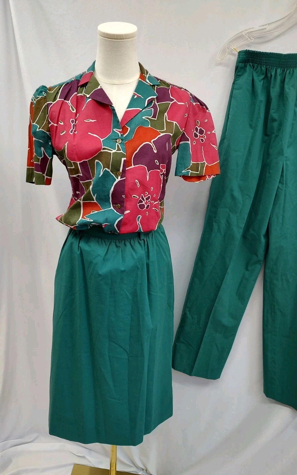 70’s John Meyer Leisure Set Outfit Pants Skirt Top Blouse Retro Floral Green 6/8