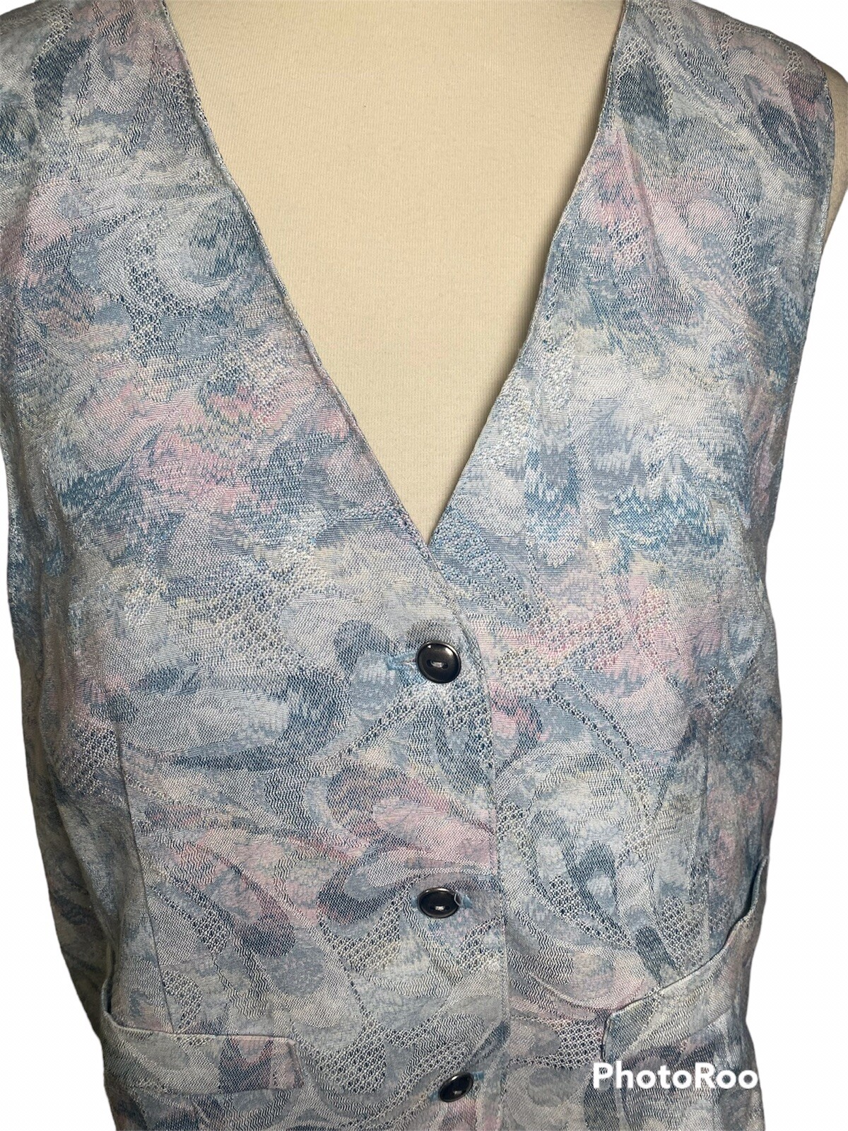 Vintage 80s Blue and Pink Swirly Textured Vest with Buttons.