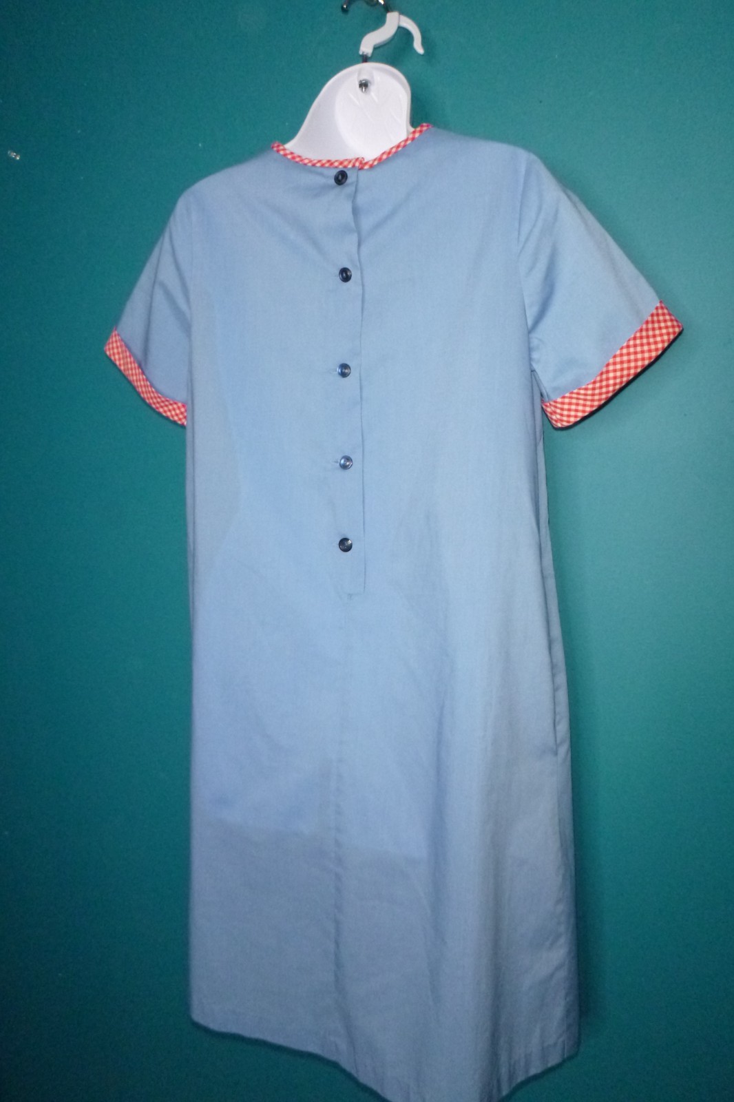 Vtg 60s Charmode House Dress Shift Blue W/ Red Gingham 3D Flower & Trim Sz S/M
