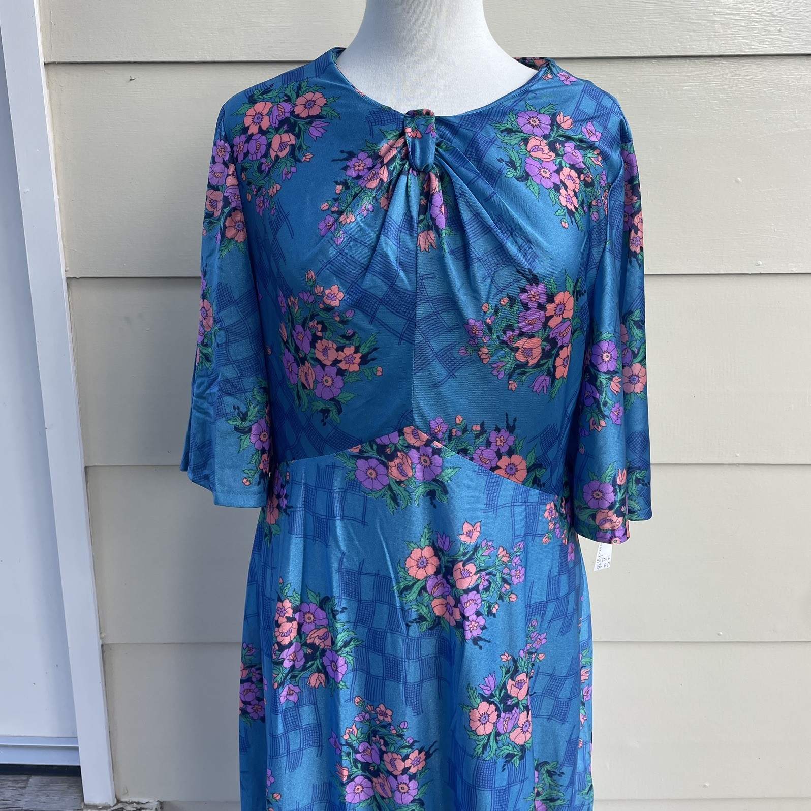Vintage 60s Unworn size L Dress Blue Silky Maxi Long Tags Mint Fit & Flare