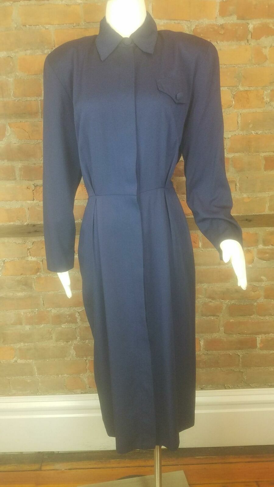 Vintage Women’s 80s Dress Navy Shirt Dress Button Front Lg Sleeves Sz L