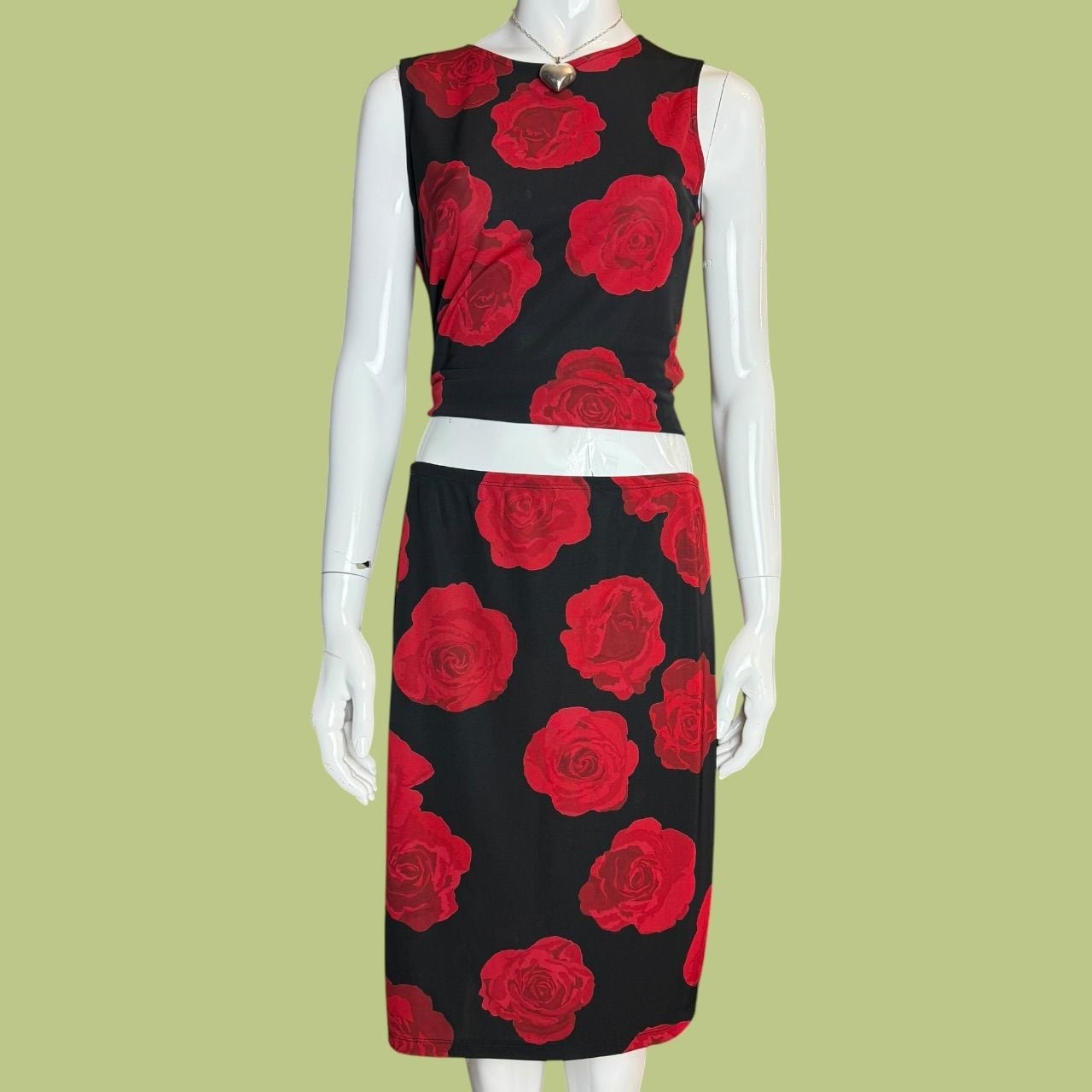 Vintage 90s Rose Print Co-ord Top and Skirt Two-Piece Set