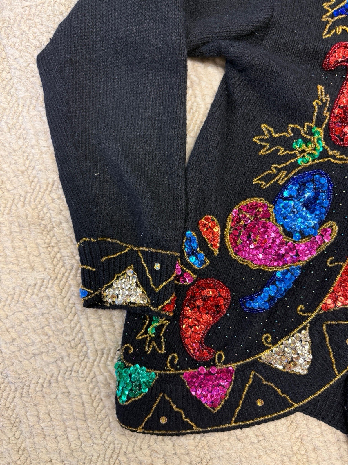 Vintage beaded sequin silk angora lambswool cardigan Mardi Gras LG