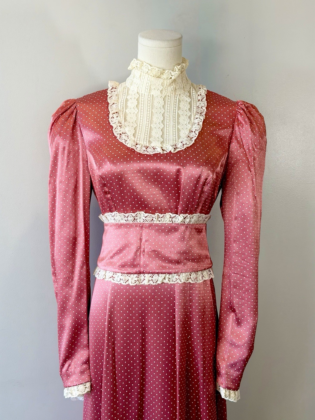Vintage 1970s Prairie Dress Pink Dot Cottagecore 70s Elegant Edwardian Medium