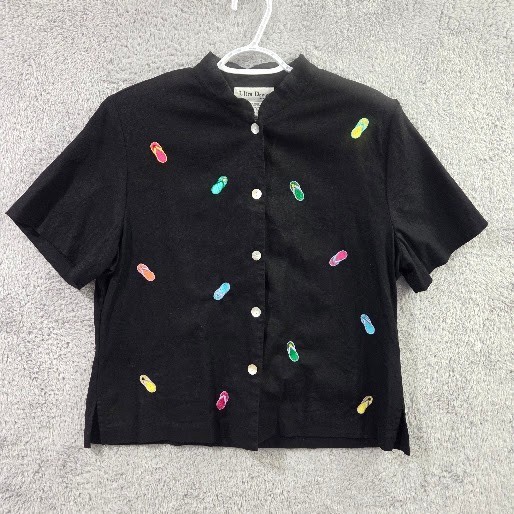 Ultra Dress NY Shirt Women’s 14 Black Linen Rayon Flip Flop Embroidered 90s Vtg