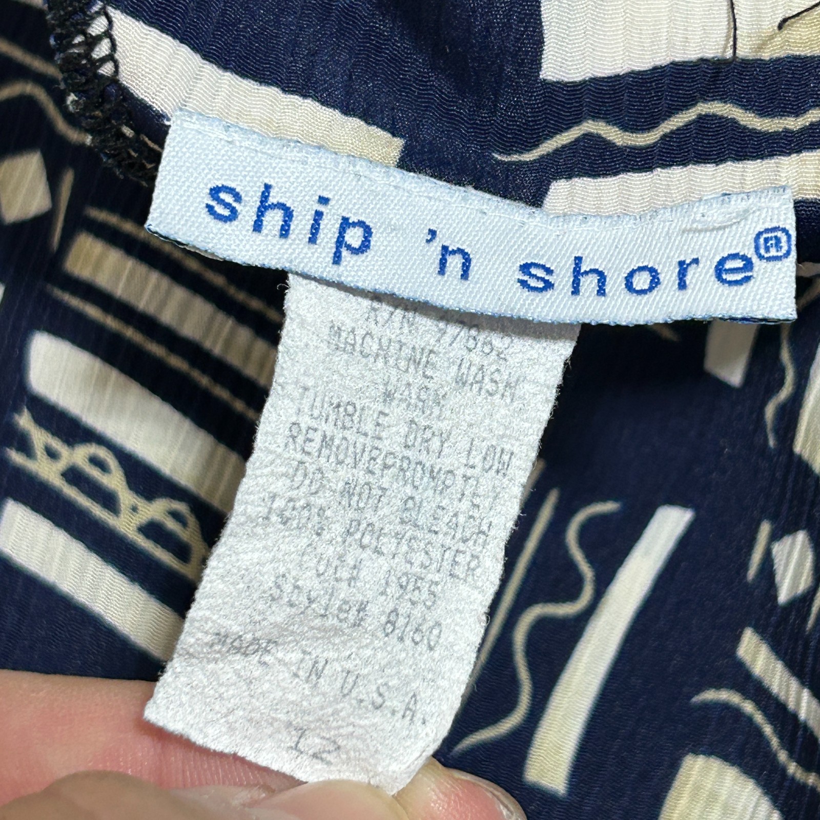 Vintage Ship n Shore Blouse Womens L Black White Geometric Print Short Sleeve