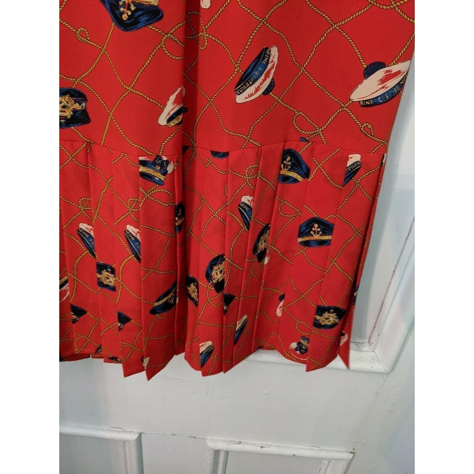 Adolfo Fine Feathers Red Nautical Dress Captain Hat Rope Print Vintage 80s