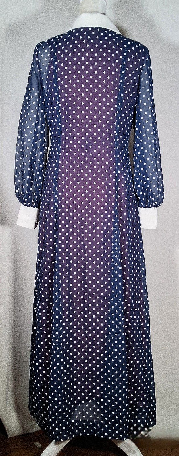 Vtg 70s Blue And White Polka Dots Chifon Long Maxi Dress Korean Tailor Shop Sz S