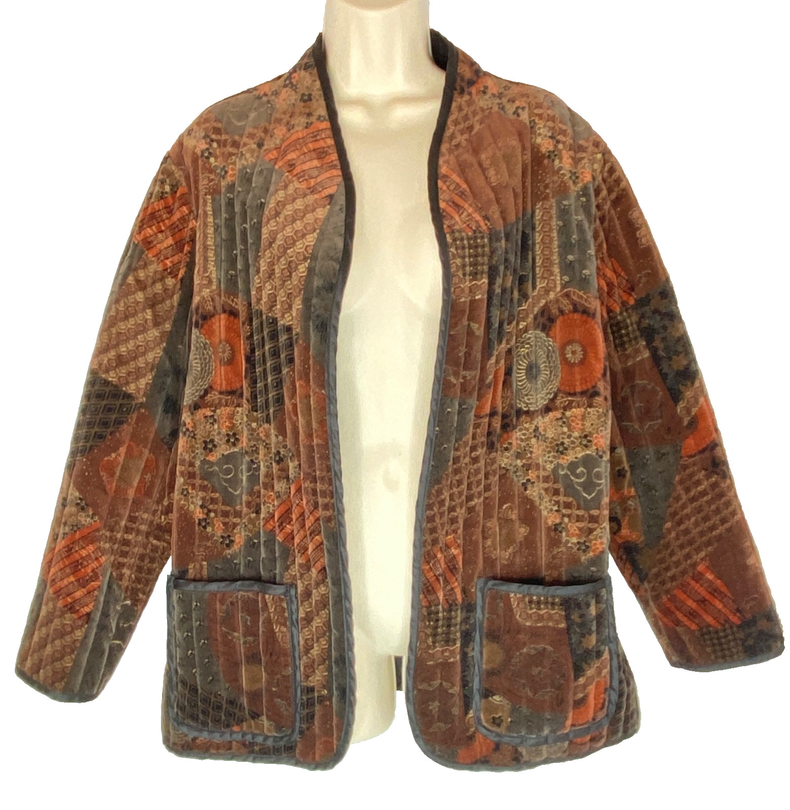 Vintage 1970s brown velveteen jacket open floral patterned cotton patchwork rust