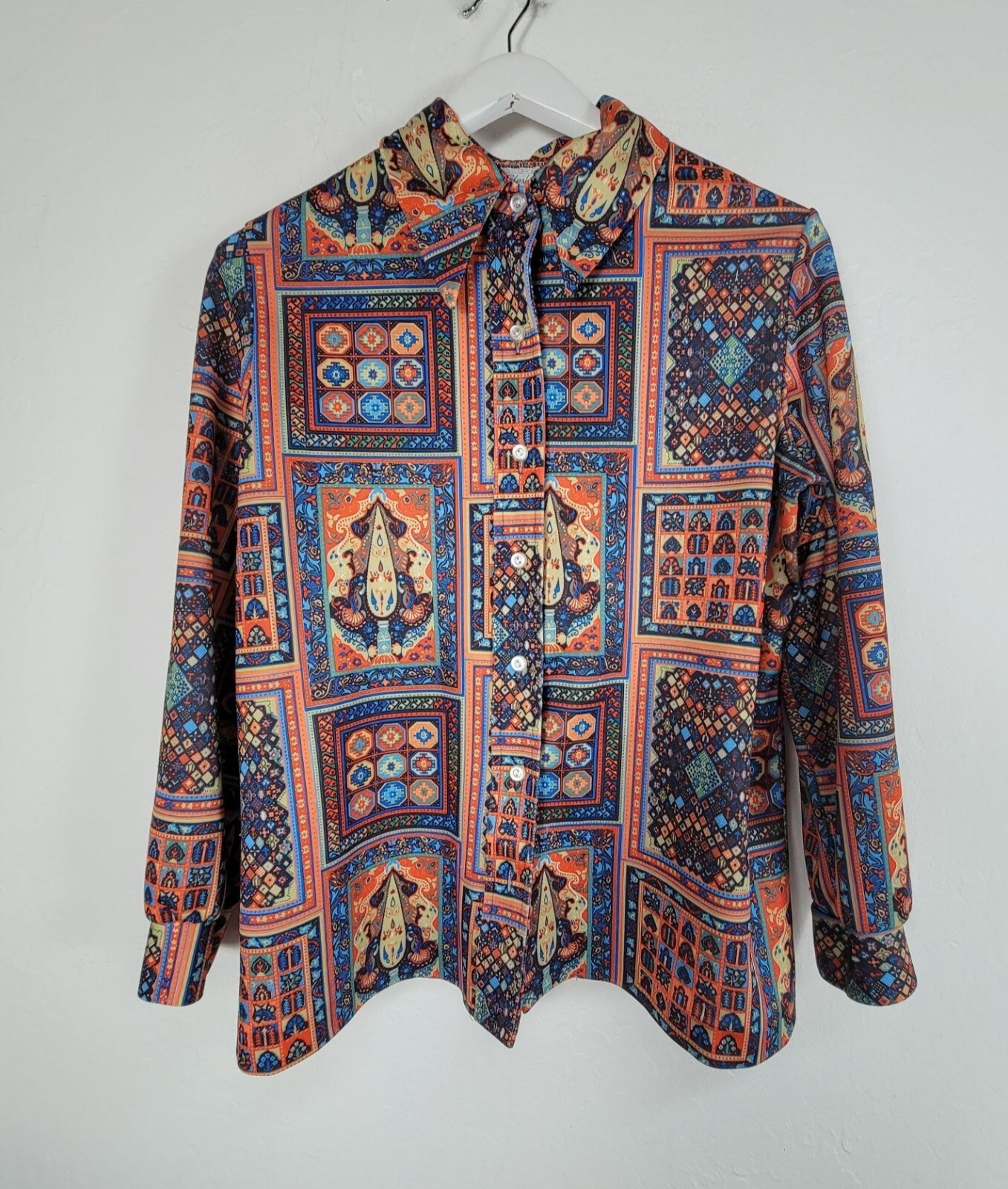 70s Vintage NPC Fashions Womens Multicolor Moorish Paisley Button Down Shirt Top