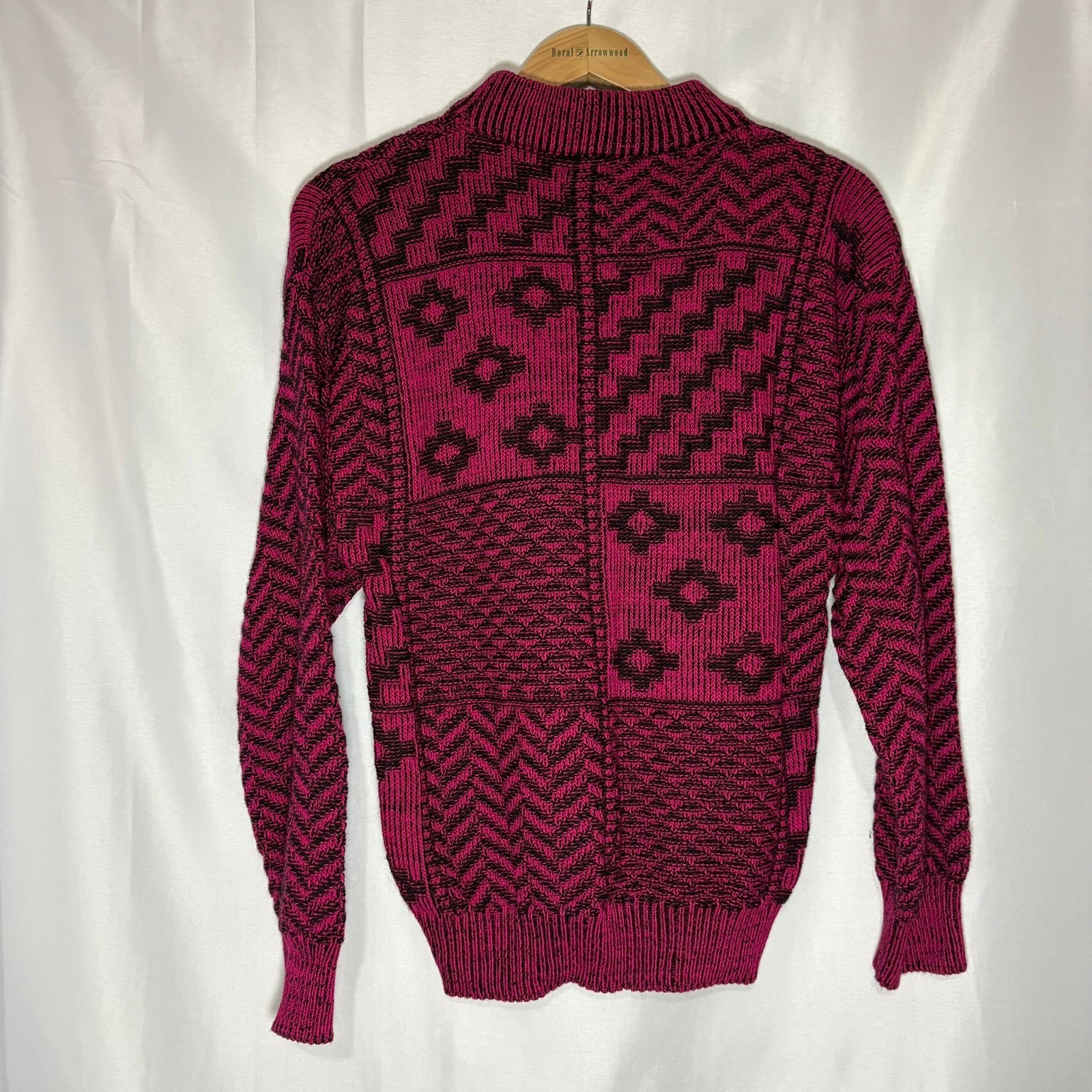 Vintage Lerner Magenta Pink Black Geo Patchwork Heavy Knit Sweater Mock Neck