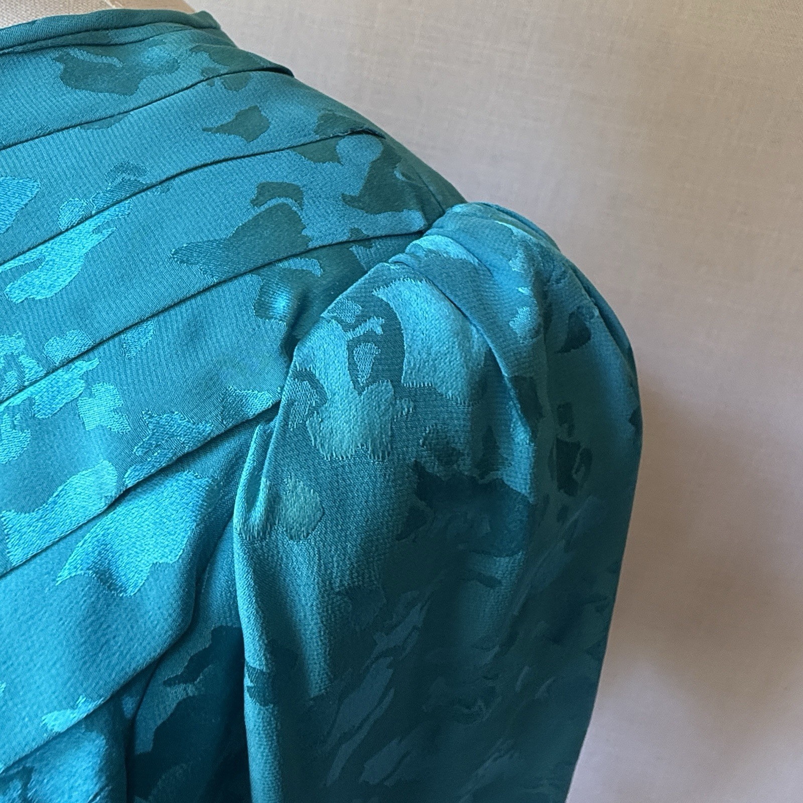 Vintage Women’s Lauren Alexandra 100% Silk Teal Jacquard Midi Dress Sz 8