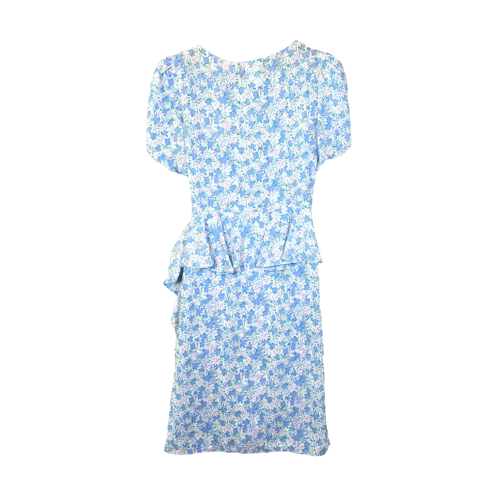 ​Vtg 80s Peplum Blue Floral Wrap Dress Puff Sleeve Ruffles Cottagecore S M USA