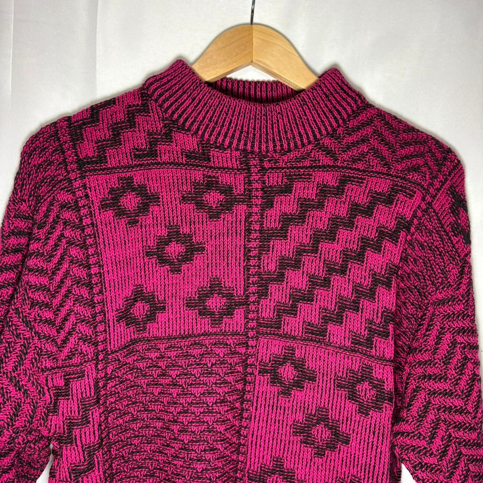Vintage Lerner Magenta Pink Black Geo Patchwork Heavy Knit Sweater Mock Neck