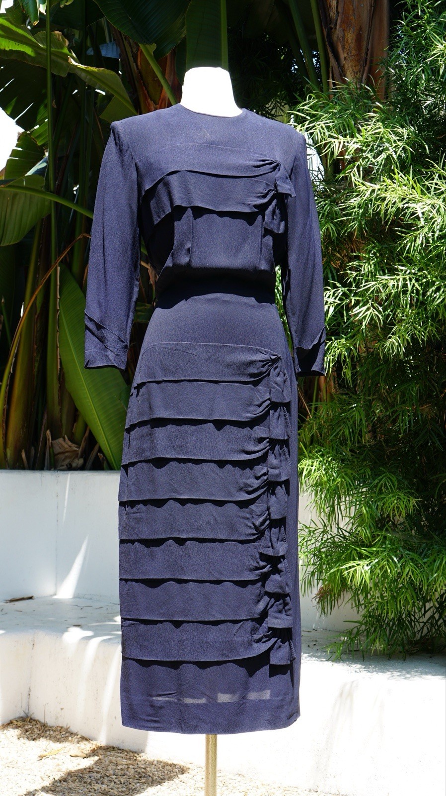 Vtg 1940s Navy Blue Rayon Crepe Dress Le Roy M
