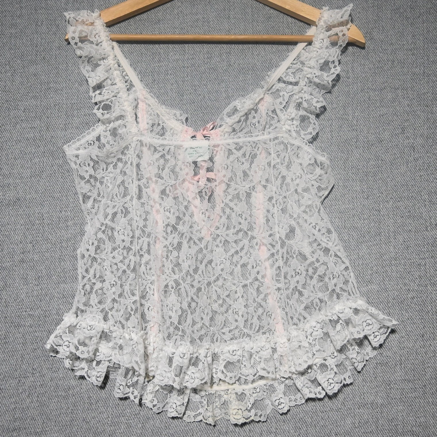 Nan Flower Lace Camisole Women Large Vintage Sheer Coquette USA White Pink Bow