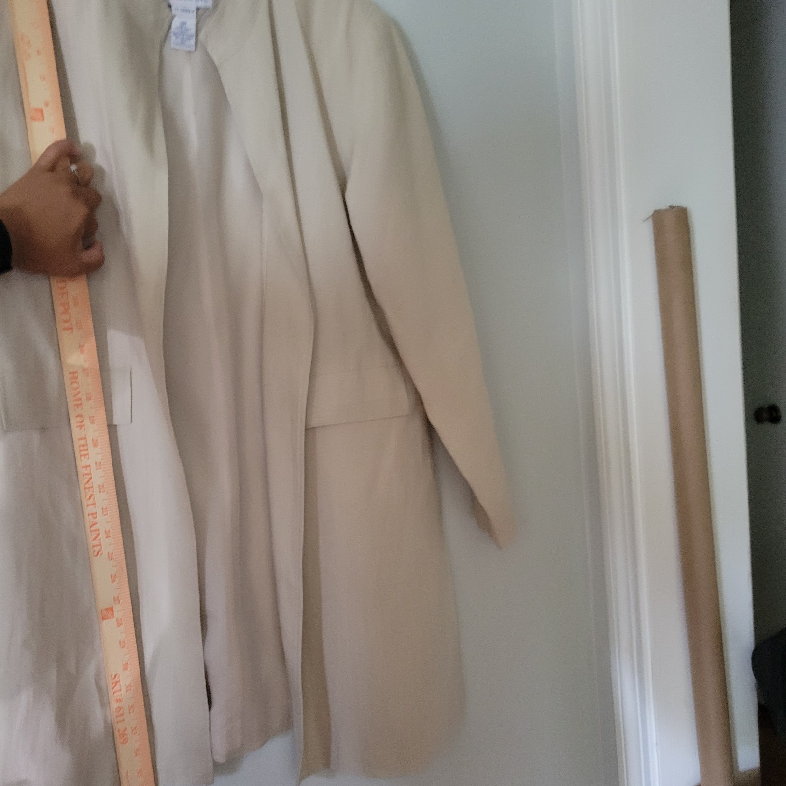Size 14p Vintage JG Hook Linen Beige Long Open Nehru Jacket Lined Side Slit