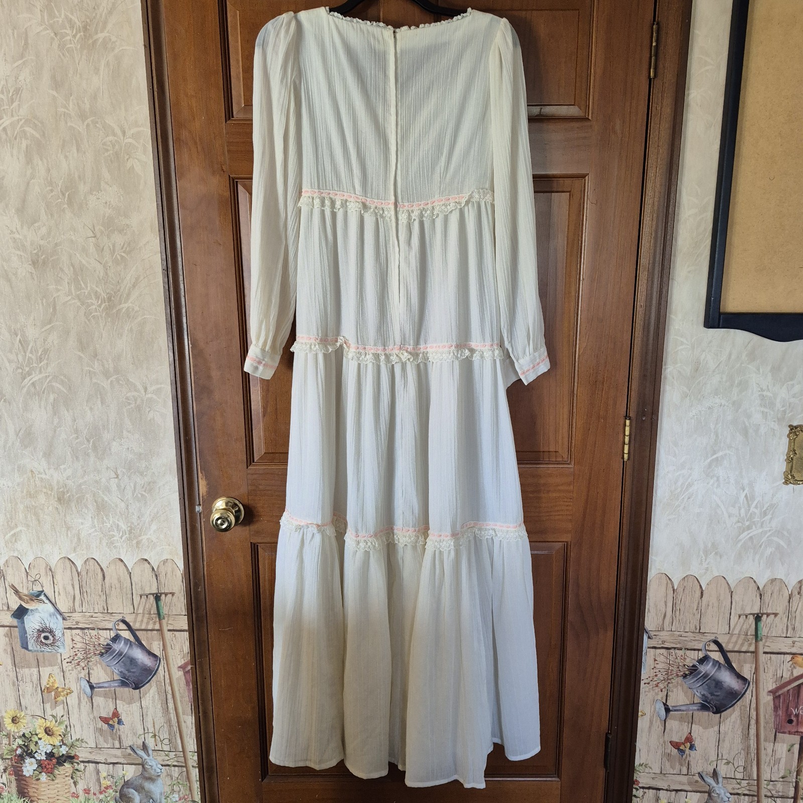 Hand Sewn, Vintage Prairie Dress, Long White Cotton Gauze, Pink Ribbon Size 12