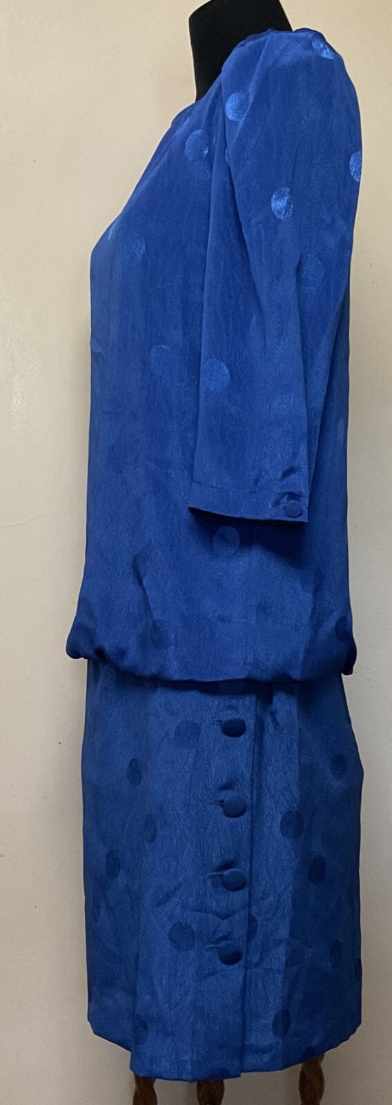Vintage Electric Blue Polka Dot Dress 3/4 Sleeve by Stuart Alan Size Medium
