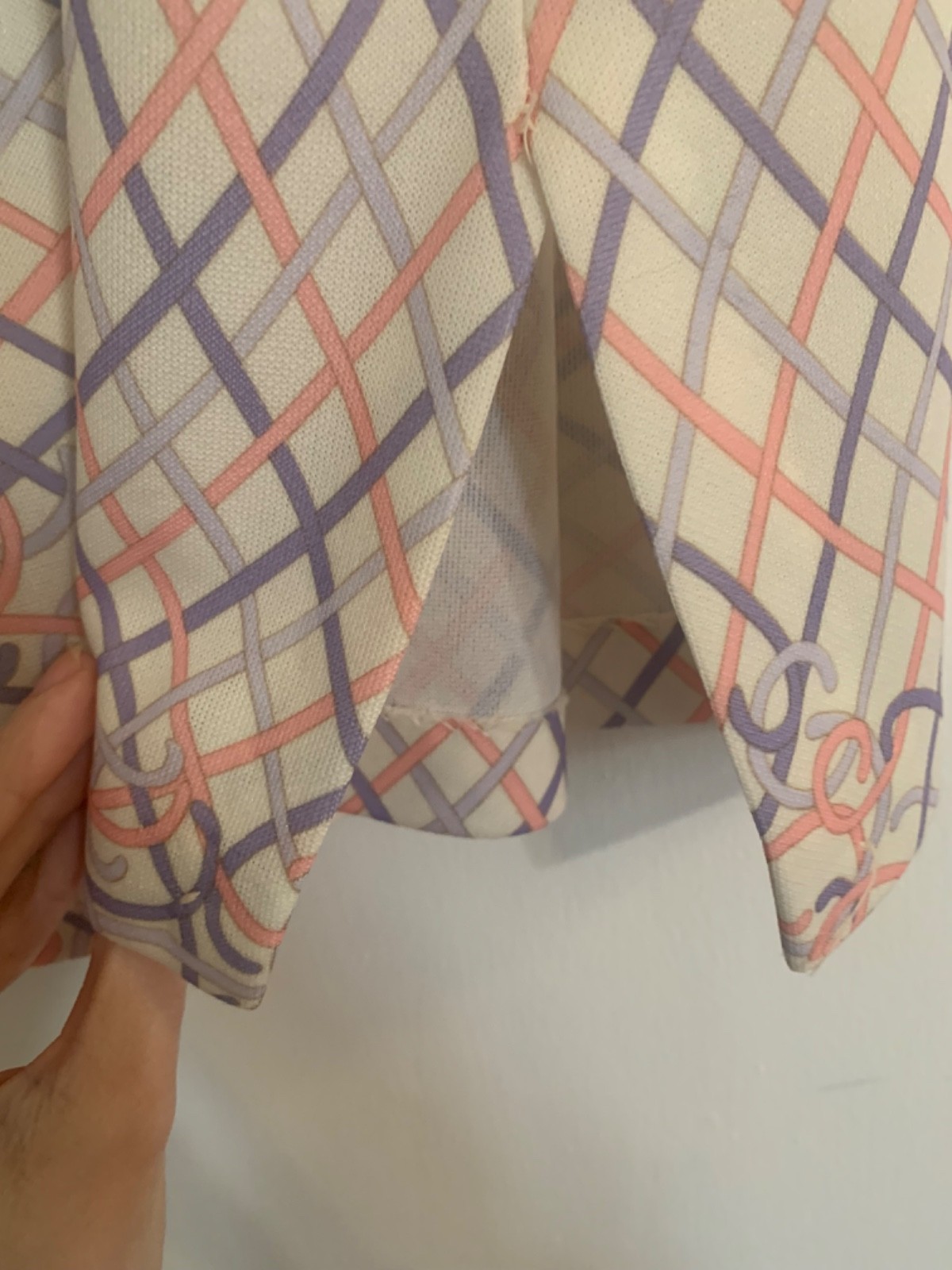 Funky Vintage 70s Women’s Button Down Polyester Top in Ivory, Purple, and Peach