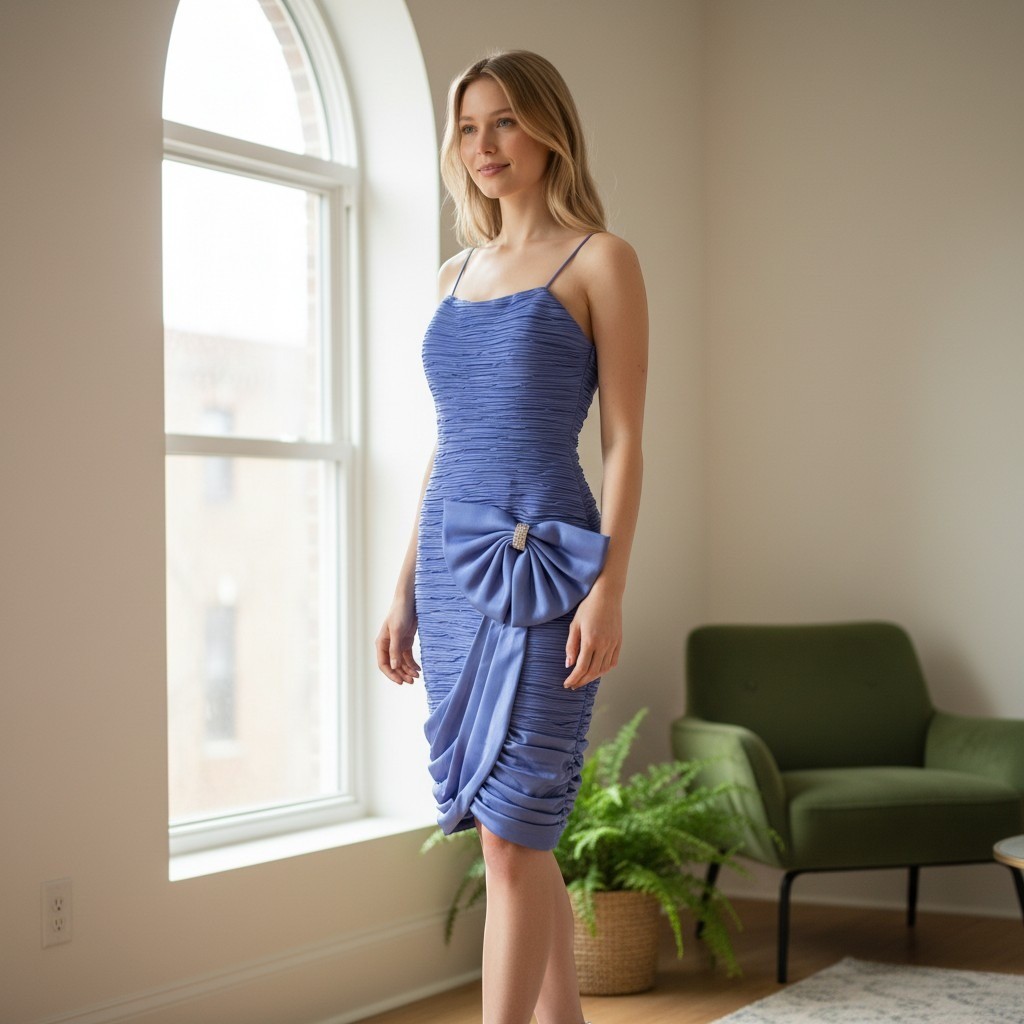 Samir Dress Womens 8 Blue Vintage 80s Rhinestone Bow Textured Mini Cocktail